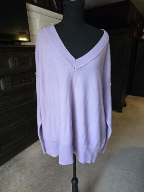 SO Lavender Oversized V-Neck Sweater Large Pastel Off Shoulder Casual Cozy